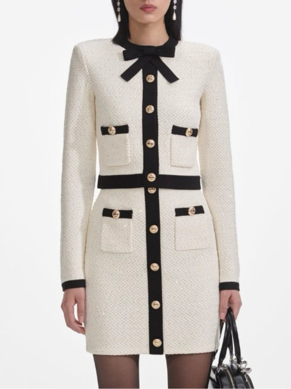 Self-Portrait Cream Sequin Tie Neck Cardigan with skirt set, NWOT, Retail $800